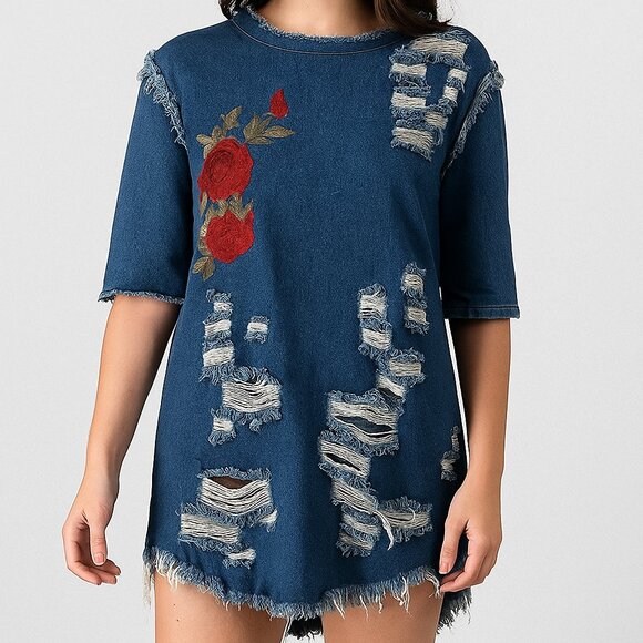 THRILL Denim Embroidered Distressed High-Low Mini Dress Size L - Picture 1 of 11